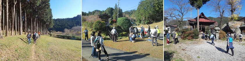 青空の下、ウオークラリーの参加者たちが神社仏閣を巡っている様子の写真