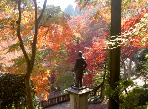 紅葉が美しい東郷公園にある東郷平八郎の銅像の写真