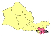 加治地区の部分がピンク色で示されている地図