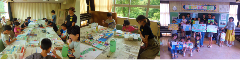 子ども達がボランティアの高校生から絵の描き方を教わっている様子と、完成したポスターを持った子ども達の集合写真