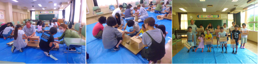 子ども達が講師に教わりながら収納ラックを作っている様子と、完成した収納ラックを持った子ども達の集合写真