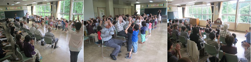 参加した園児とおじいちゃん、おばあちゃんが一緒にうたったり手あそびをしている様子と、紙芝居を見ている様子の写真