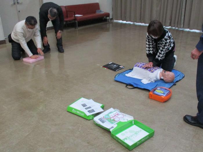 訓練用人形を使い、胸骨圧迫による成人に対する心肺蘇生法を学ぶ参加者の写真