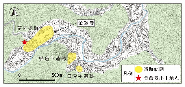 茶内遺跡、横道下遺跡、ヨマキ遺跡の場所を示した地図の画像