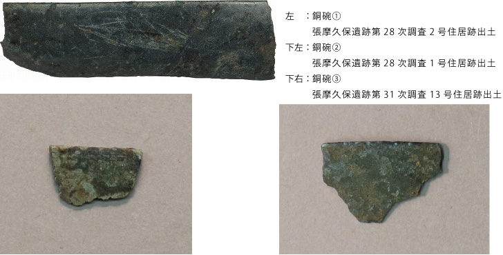 張摩久保遺跡から出土した3点の銅鋺と説明の写真