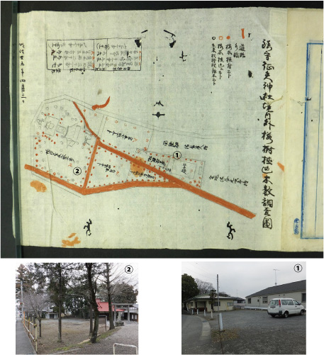 征矢神社の桜の配置絵図と神社内の写真