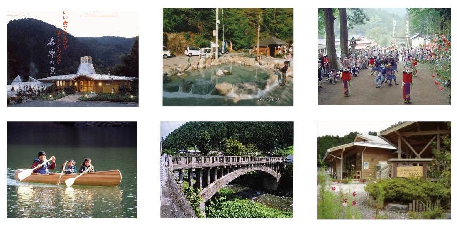 「名栗の里」の外観やカヌーをこいでいる親子、祭りの様子など、名栗地区にある地域資源が写った6枚の写真
