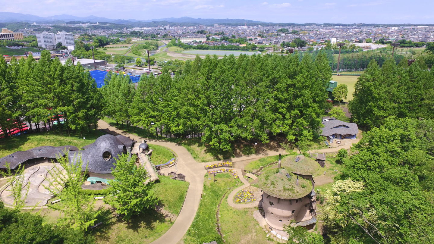 青空と飯能市街が遠くに見え、上空からの公園の様子